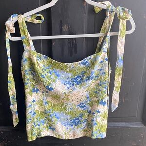 Reformation Floral Tie-Shoulder Cowl Tank - Blue/Green/Cream